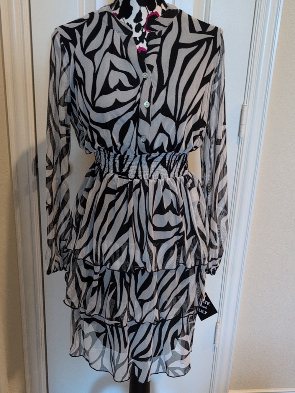 Kate And Lily Tiered Black and White Zebra-Print Long Sleeve Dress Size 4 New